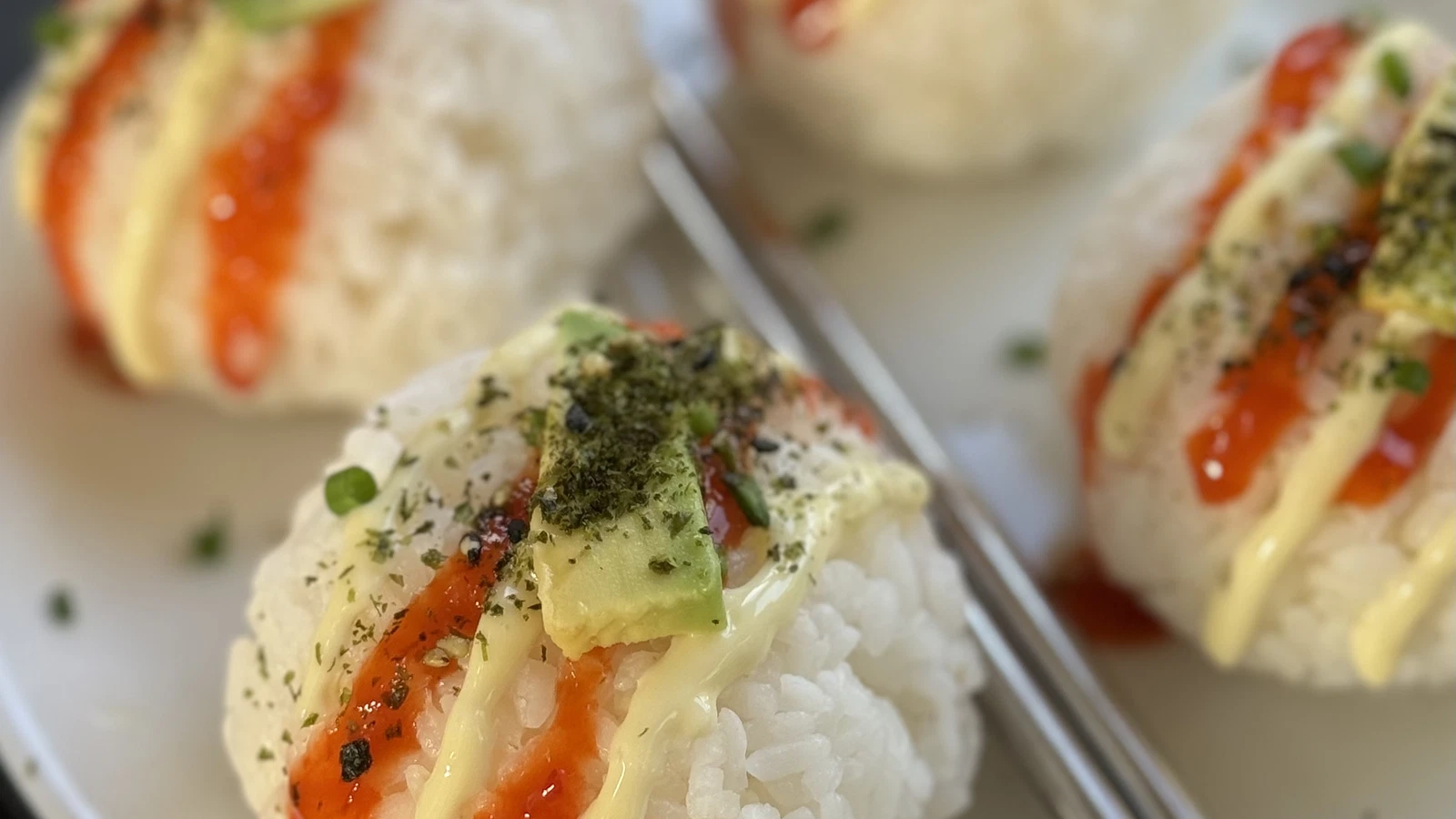 Image of Onigiri Sushi Balls with Spicy Crab and Avocado