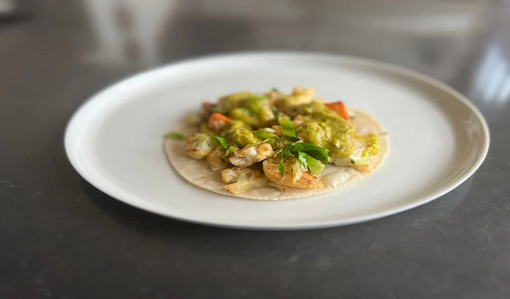Cauliflower, Sweet Potato and Brussels Sprout Wrap with Green Veggie Sauce