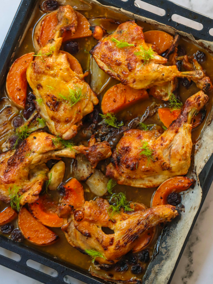 Maple Dijon Chicken Legs with Butternut Squash and Fennel - Once Upon A Homestead Recipes