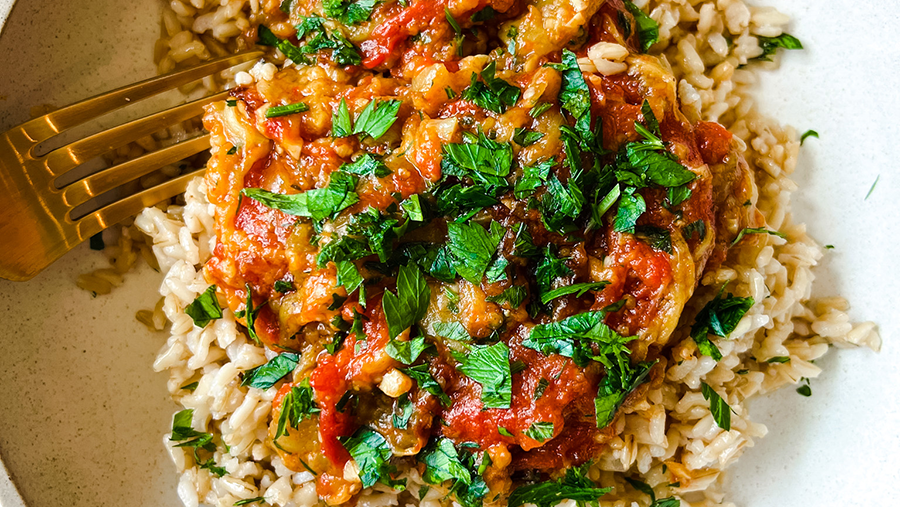 Eggplant & Tomato Stew with Rice
