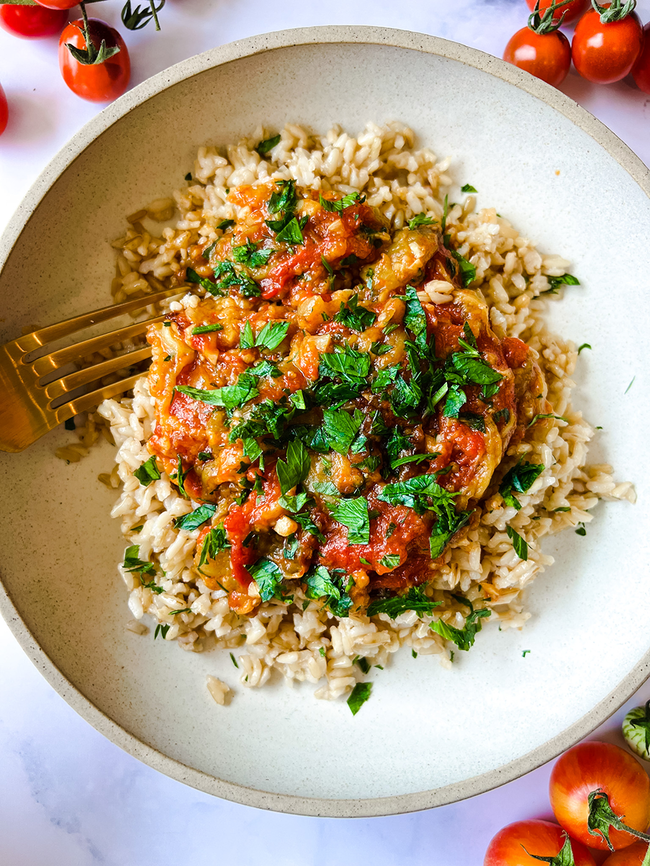 Eggplant & Tomato Stew with Rice