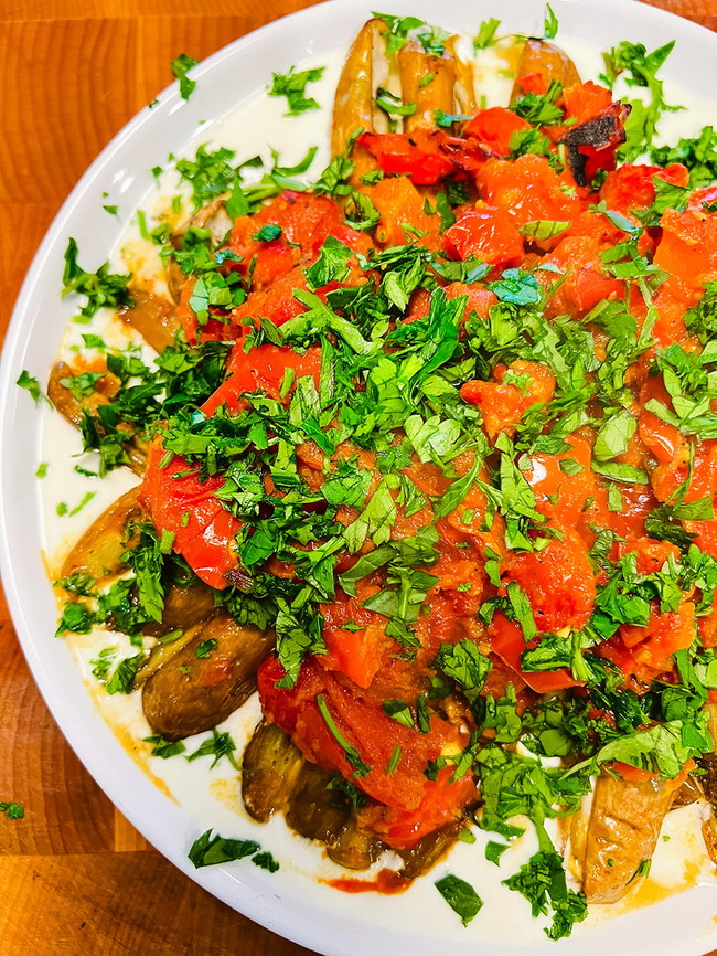 Eggplants with Stewed Tomatoes and Peppers