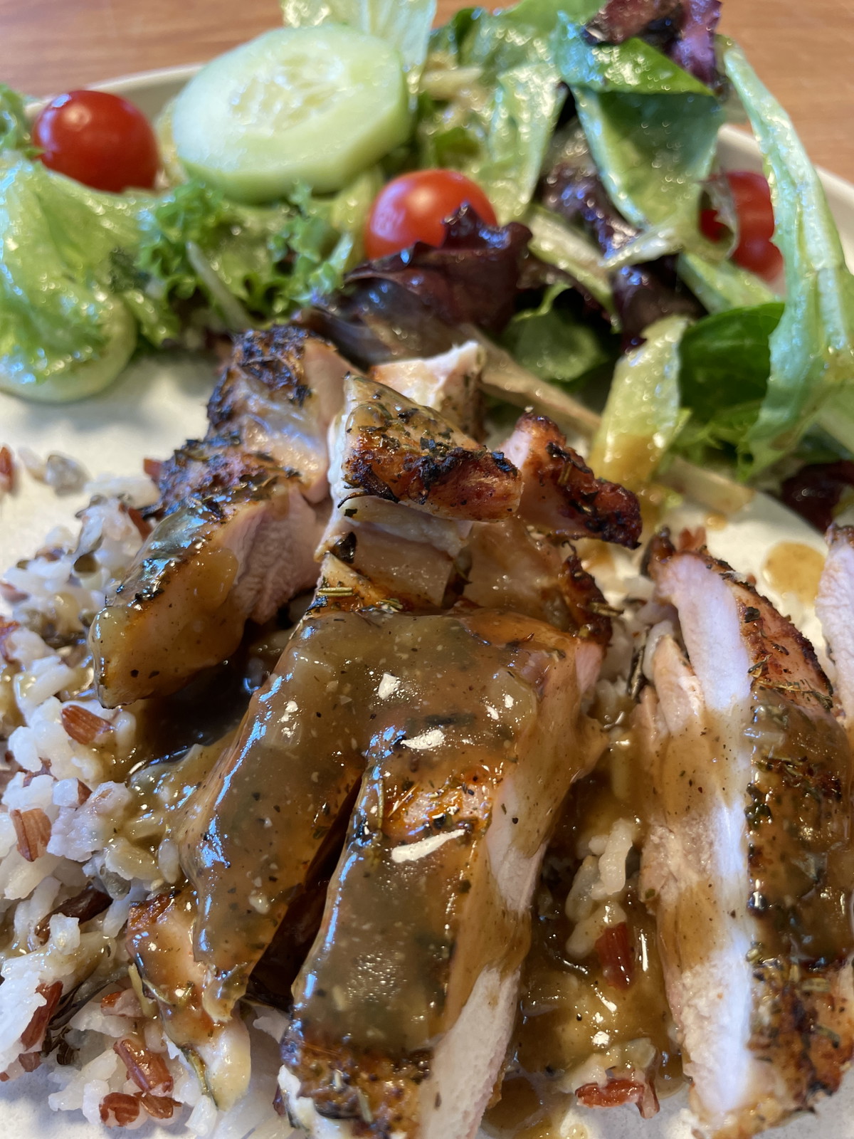 Grilled Chicken with Savory Mushroom Gravy and Wild Rice with a Bistro Salad and Salad Sauce