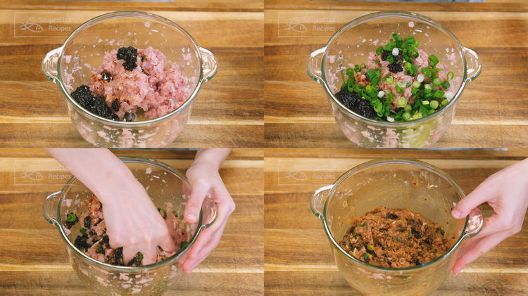 Image of Combine the ground chicken with the cooled scallion sauce along...