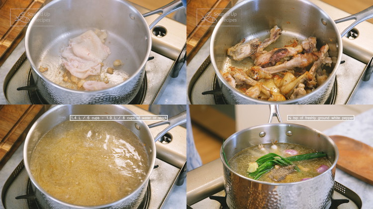 Image of Add the chicken fat to a stock pot and render over medium-low heat for a few minutes or until you get some oil out of it. Add the chicken skins and bones. Fry over medium heat for about 5 minutes...