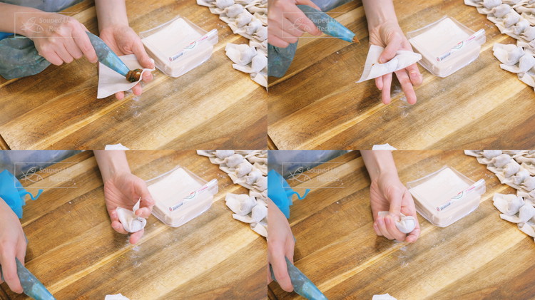 Image of Squeeze a little bit filling onto a wonton wrapper. Fold the top corner, then follow with two side corners. Give it a tight pinch and done.