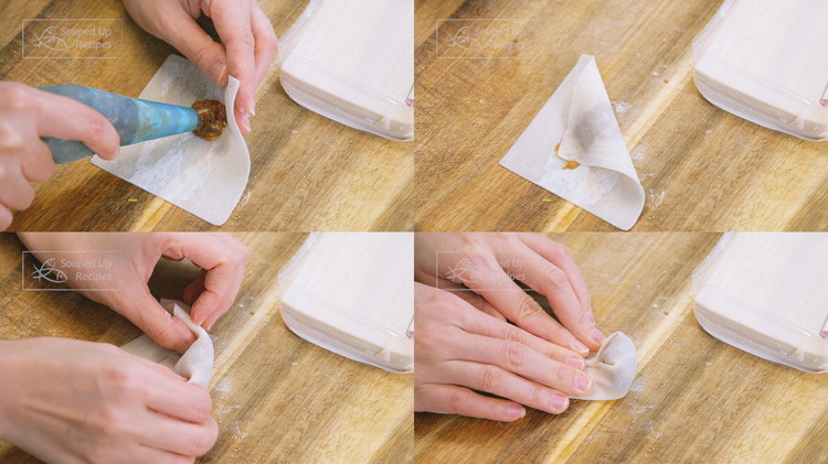 Image of If you can't fold with one hand, put the wrapper on the cutting surface, squeeze some filling, and fold one corner over. Use two hands to gather the wrapper and pinch it tightly. Using this method, you should be able...