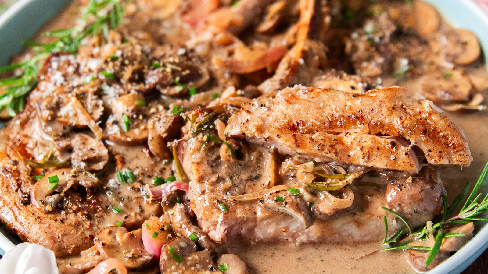 Image of Grilled Veal Chops With Red Wine Mushroom Sauce & Air Fryer Garlic Bread