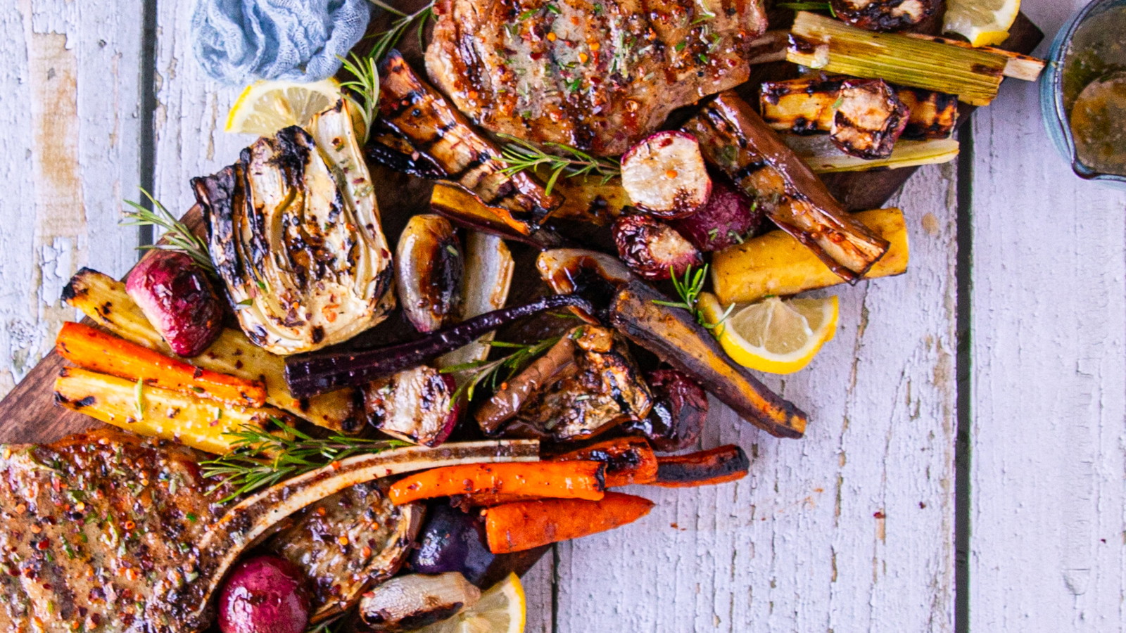 Image of Grilled Veal Chops with Root Vegetables and Eggplant