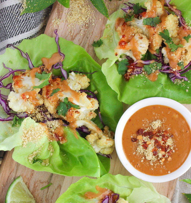 Image of Peanut Satay Cauliflower Lettuce Cups with Cashew Parmesan