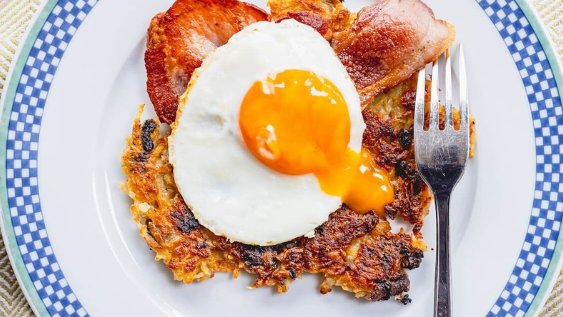 Image of Sausage and black pudding rösti with bacon and fried egg