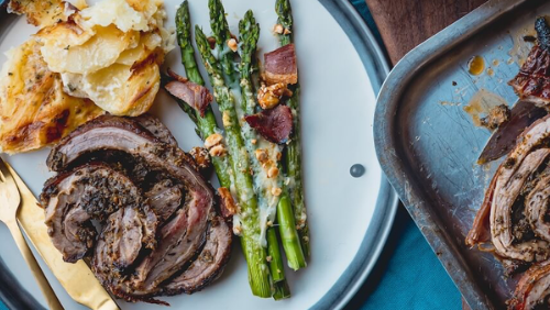 Image of Lambchetta with asparagus and crispy bacon