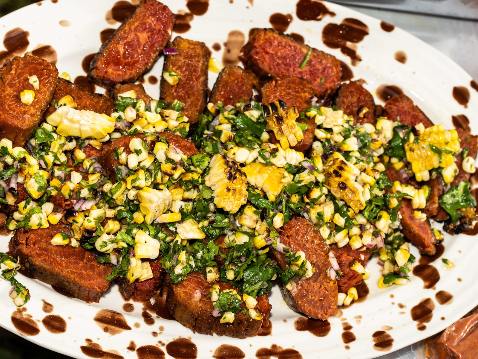 Grilled Vegan Meat with Charred Corn and Coriander Salsa Juicy