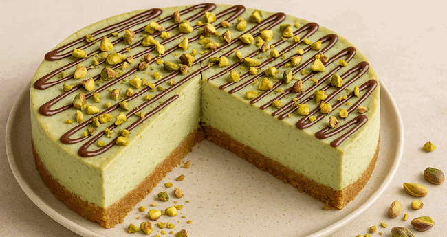Image of Pistachio Cheesecake Recipe UK with Whitakers Chocolate Drizzle