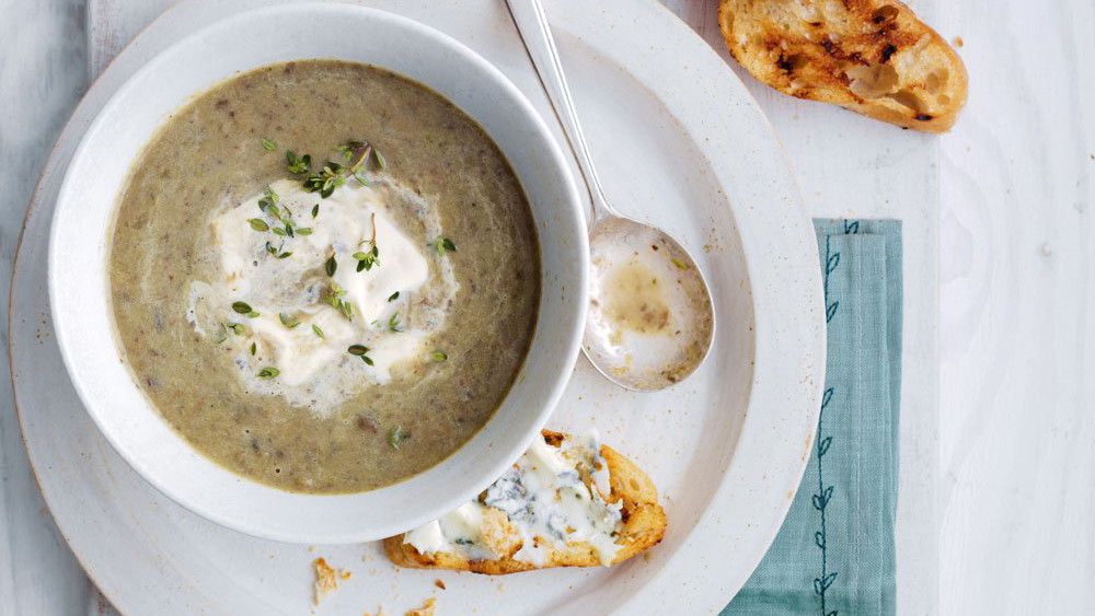 Chestnut Mushroom Soup with Blue Cheese Toasts