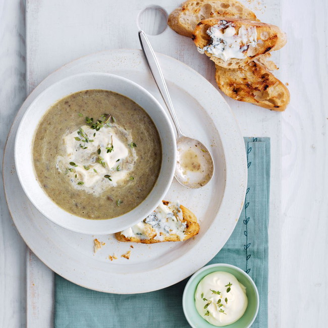 Chestnut Mushroom Soup with Blue Cheese Toasts