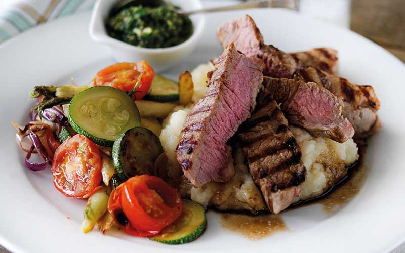 Griddled Lamb with Fresh Pesto, Celeriac Mash & Ratatouille