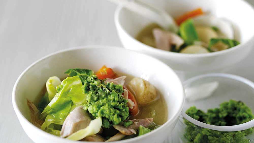 Spring Chicken in Broth with Minted Pea Purée
