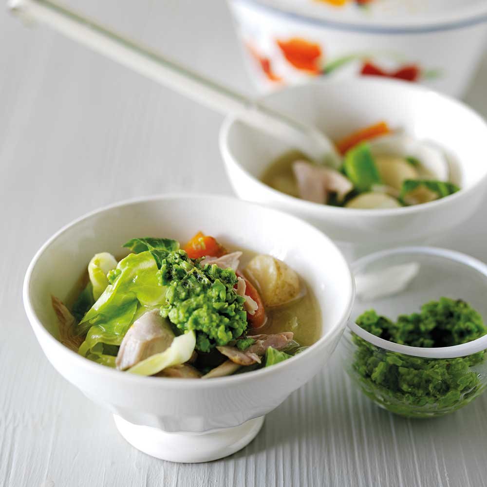 Spring Chicken in Broth with Minted Pea Purée