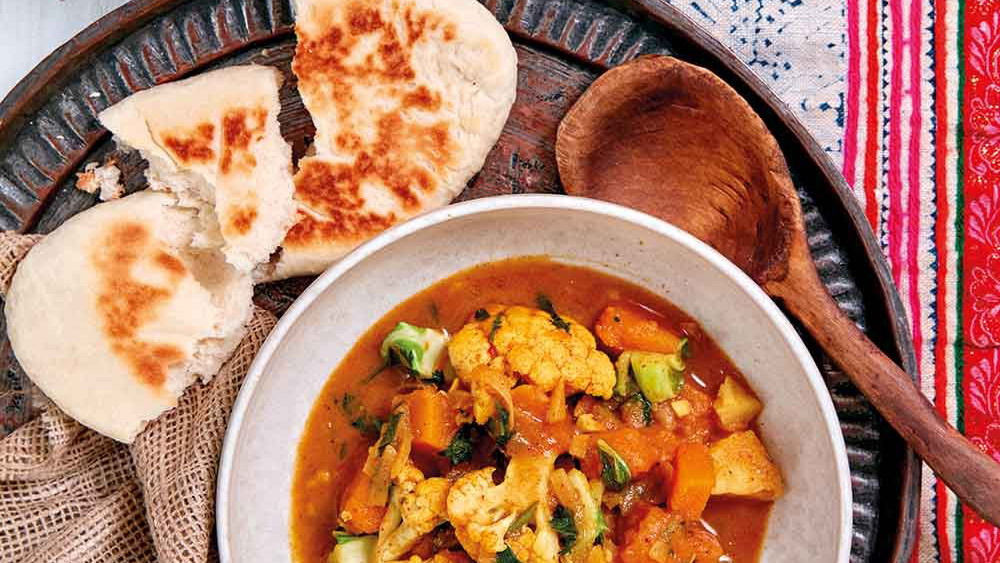 Winter Veg Curry with Pickle and Naan Bread