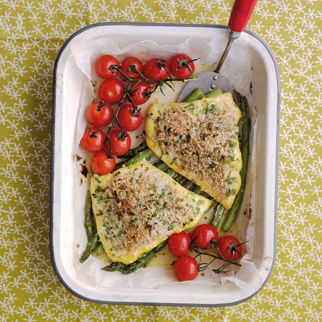 Oaty Cheese & Chive-Crusted Smoked Haddock with Asparagus