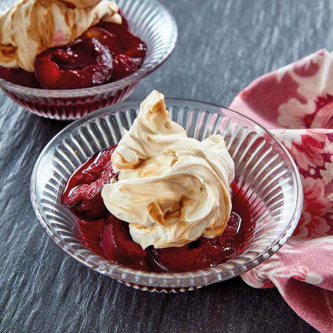 Roast Plums with Rum, Ginger & Treacle Cream
