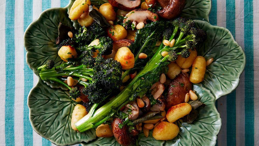 Gnocchi with mushroom and purple sprouting