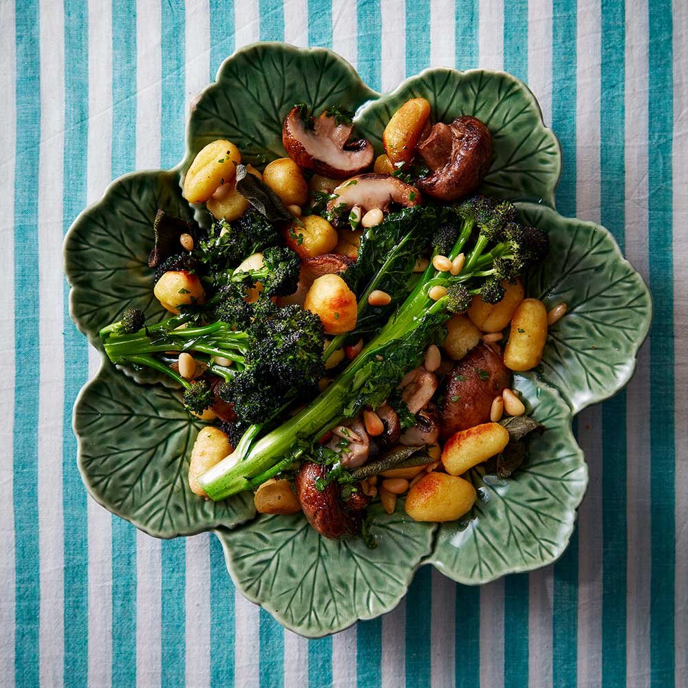 Roasted Gnocchi with Purple Sprouting Broccoli & Mushrooms
