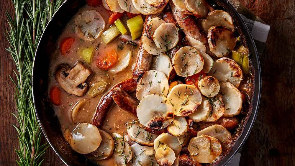 sausage mushroom and jerusalem artichoke hotpot