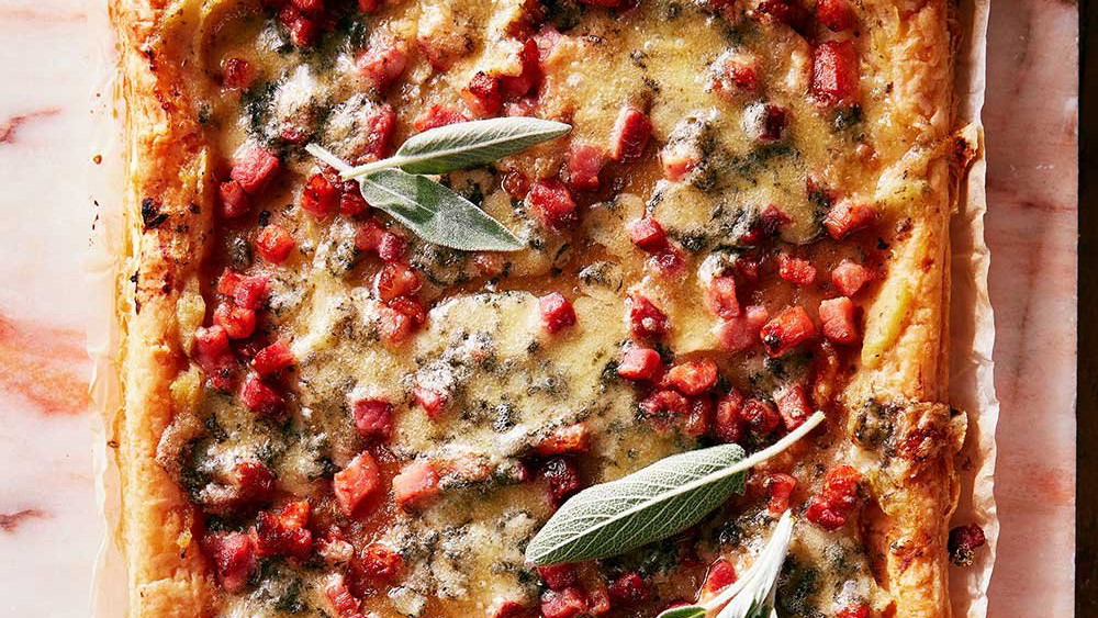 apple, pancetta and maple tart