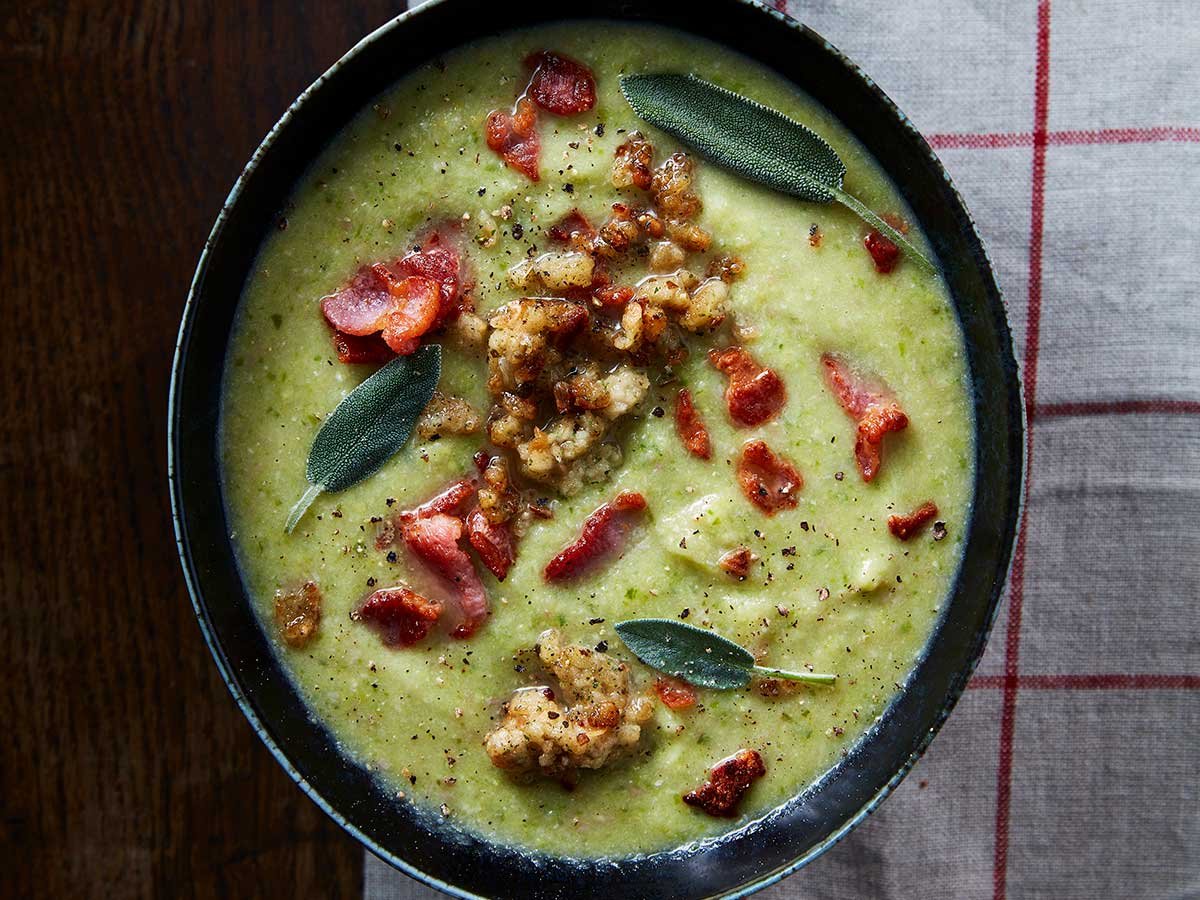 Brussels Sprouts, Stuffing & Bacon Soup