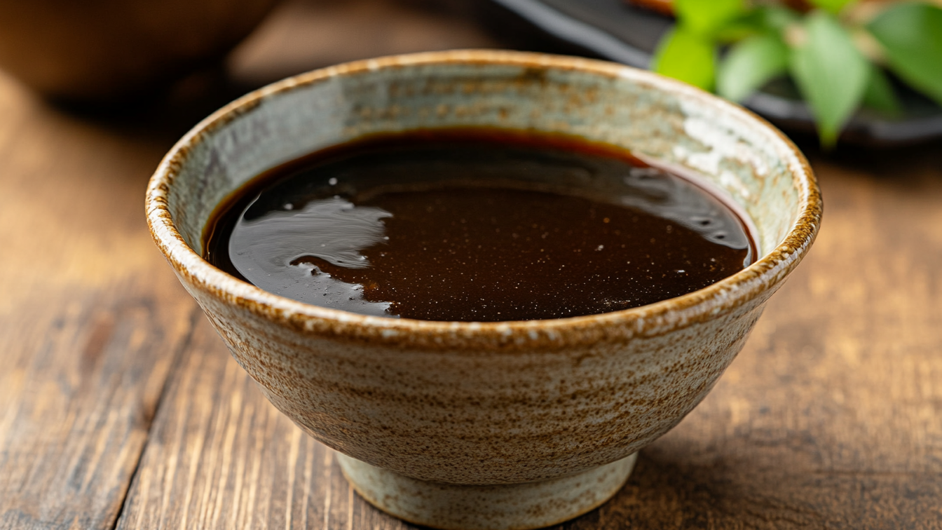 Selbstgemachte vegane Teriyaki-Sauce in einer kleinen Schale