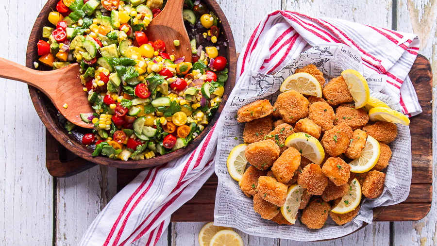 Image of Cod Nuggets With Refreshing Corn and Tomato Salad