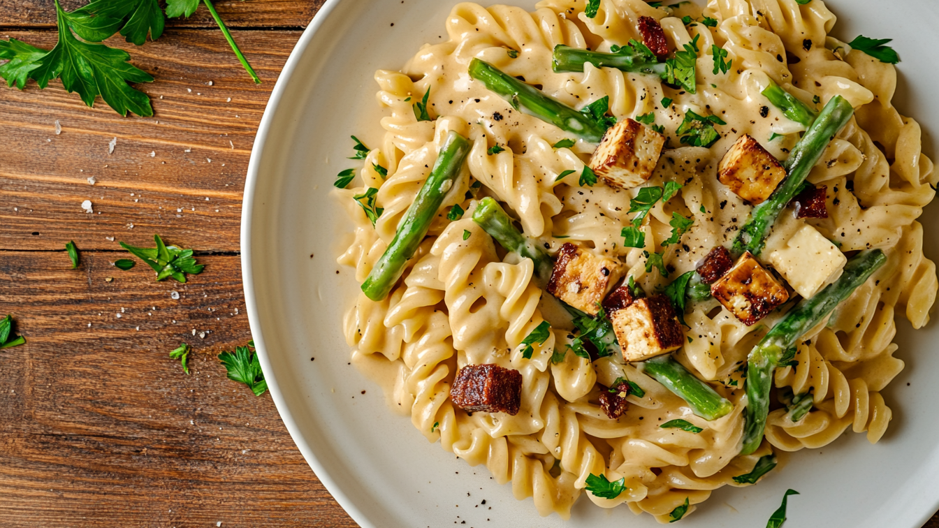 Vegane Pasta mit grünem Spargel und knusprig gebratenem Räuchertofu in einer cremigen Sahnesauce, angerichtet auf einem weißen Teller mit frischen Kräutern garniert.
