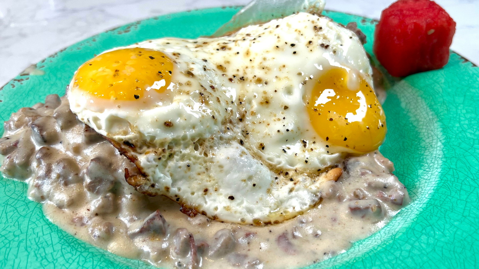 Image of Brisket Biscuits and Gravy with Jimmy Dean Sausage & Jallelujah Fried Eggs