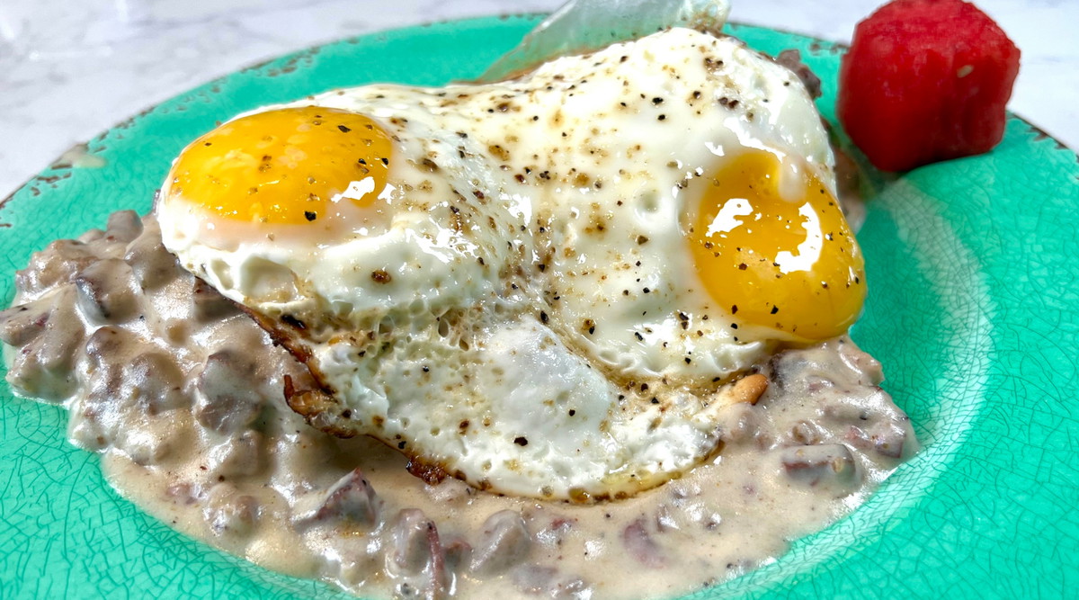 Brisket Biscuits and Gravy with Jimmy Dean Sausage & Jallelujah Fried Eggs
