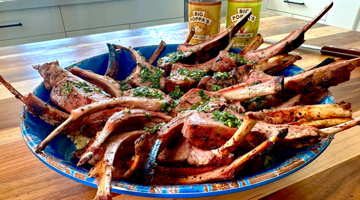 Smoked Rack of Lamb with Mint Chimichurri on Drum Smoker