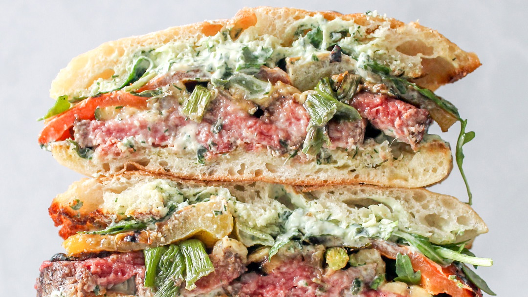Goat Cheese Pesto, Grilled Veggie & NY Strip Steak Sandwich