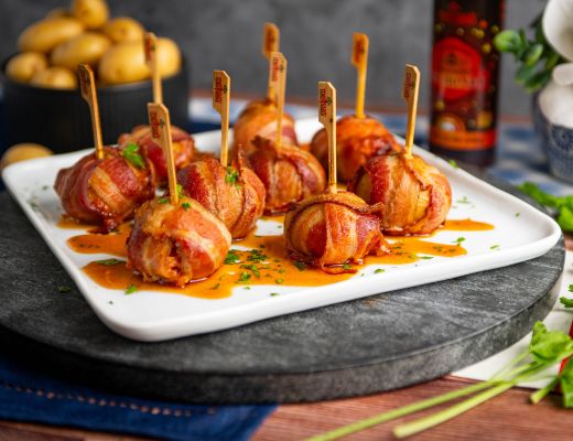 Image of Smoked Bacon-Wrapped Chorizo-Stuffed Baby Potatoes