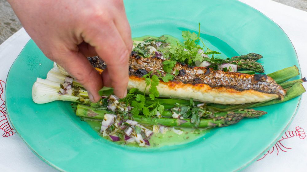 Image of Grillet multe på springløg med grønne asparges og hyldeblomstvinaigrette