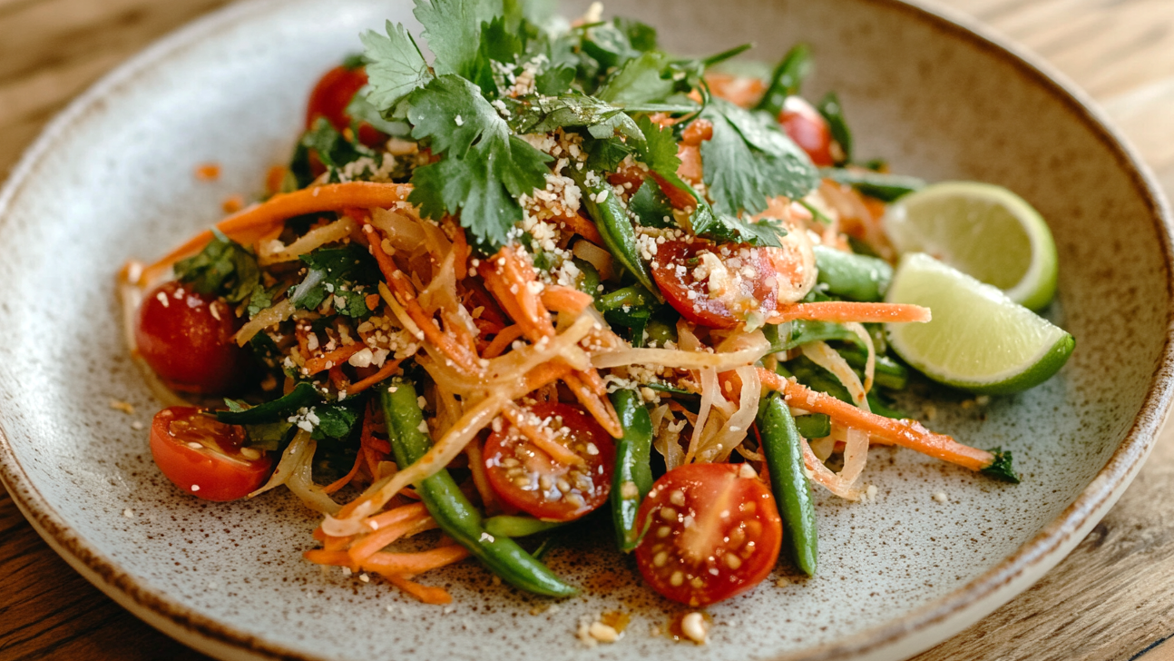 Nahaufnahme eines bunten veganen Papayasalats (Som Tam) mit Möhrenstreifen, grünen Bohnen, Kirschtomaten und Erdnüssen, garniert mit frischem Koriander auf einem hellen Teller – typisch thailändisch angerichtet.