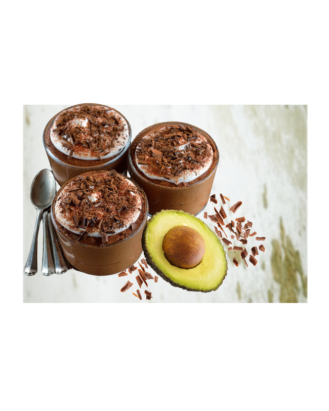 Chocolate Avocado Mousse Cups with Whipped Non-dairy Topping, Chocolate Shavings, Spoons, and Half and Avocado, 