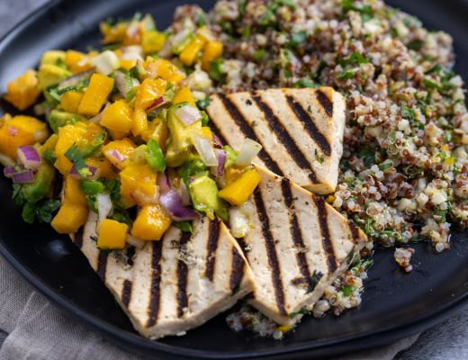 Image of Grilled Tofu with Quinoa and Mango-Avocado Salsa