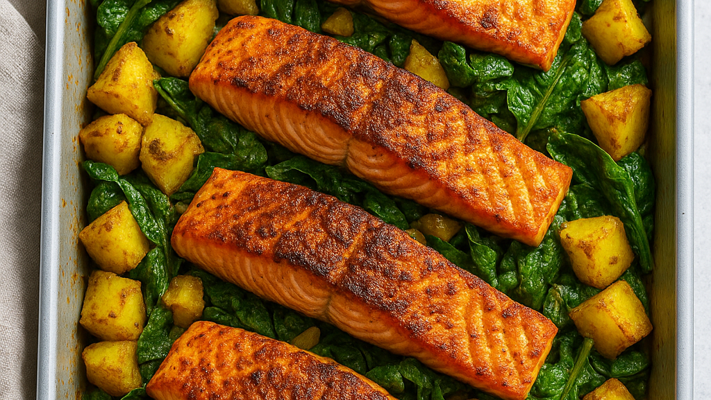 Image of Spiced Salmon with Tray Baked Sag Aloo