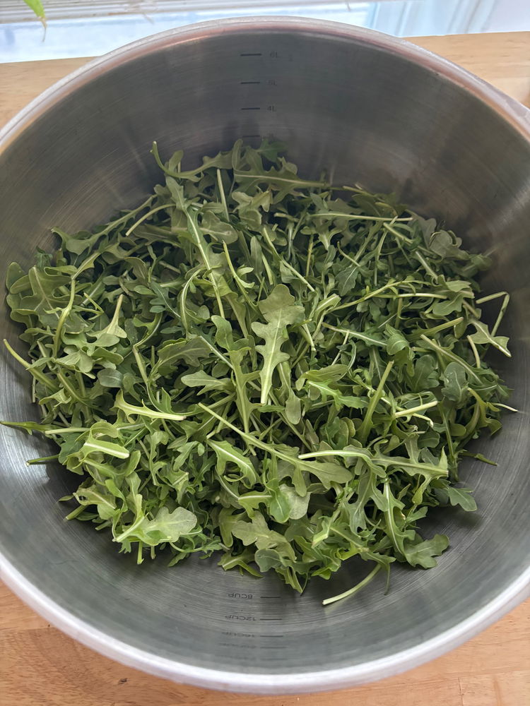 Image of Add the arugula to the mixing bowl. Wash the arugula...