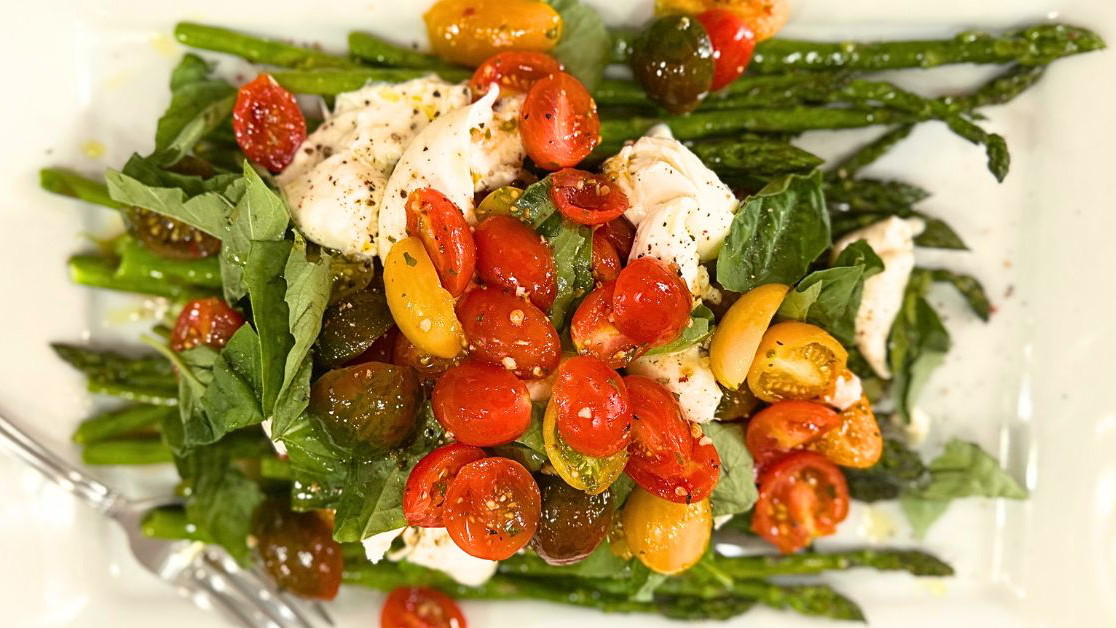 Image of Roasted Asparagus & Tomato Salad with Burrata and Herby Vinaigrette
