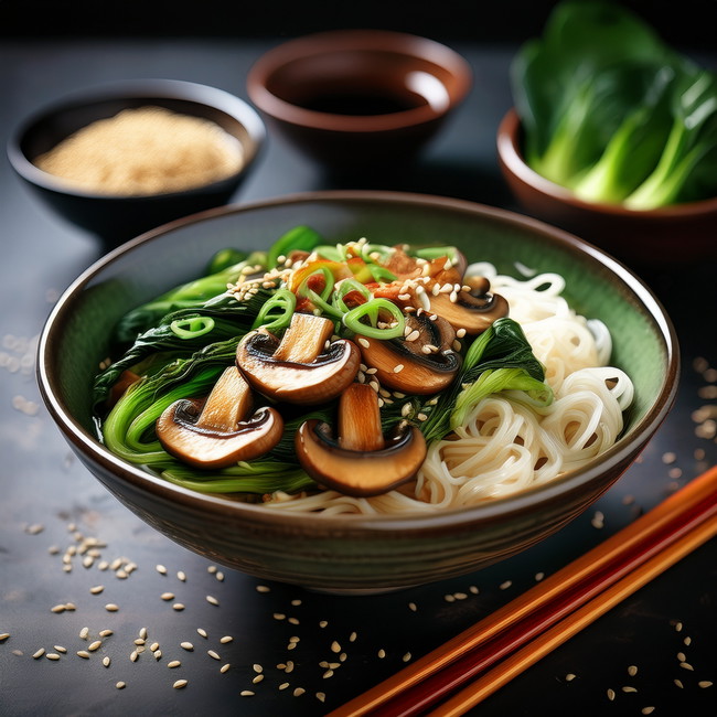 Image of Gegrillter Pak Choi mit asiatischen Nudeln, Hühnchen und würziger Sauce