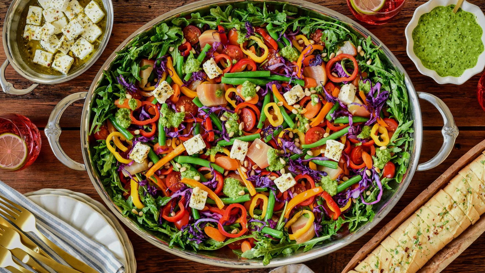 Image of Warm Rainbow Veggie Salad with Fresh Summer Pesto