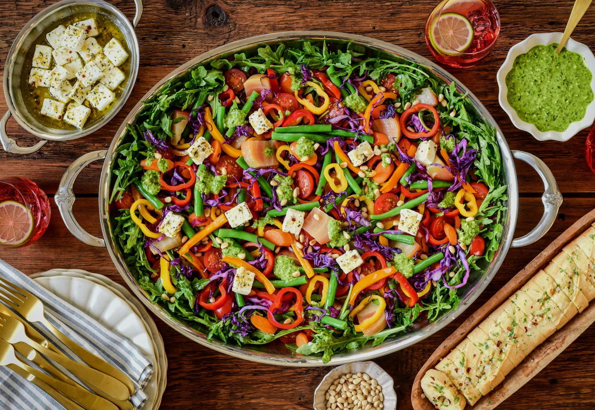 Warm Rainbow Veggie Salad with Fresh Summer Pesto