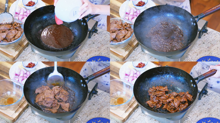 Image of Add the sauce to the same wok and stir over medium-low heat for 1.5 minutes or until the sauce thickens. Add the beef back and toss thoroughly. Turn off the heat.